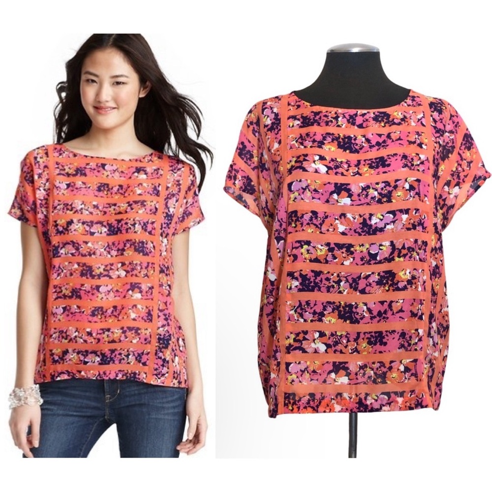 LOFT - Floral Stripe Pullover Short Sleeve Top - Small